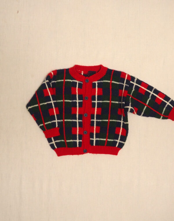 Hand-knitted plaid cardigan