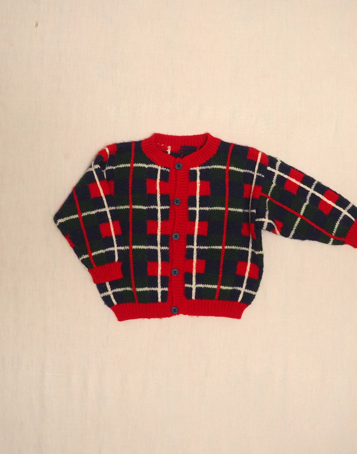 Hand-knitted plaid cardigan
