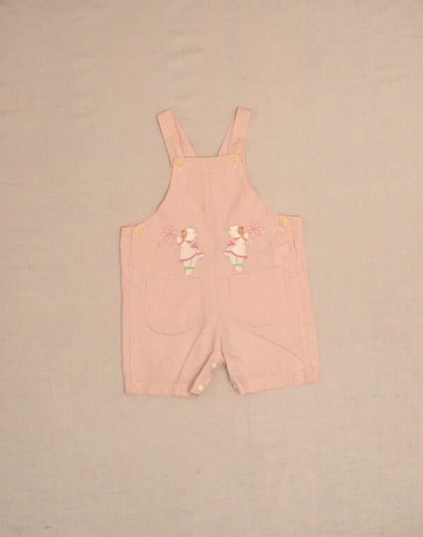 Bear-embroidered seersucker overalls