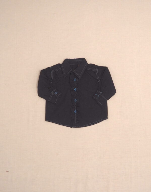Navy button-down shirt with ruffle