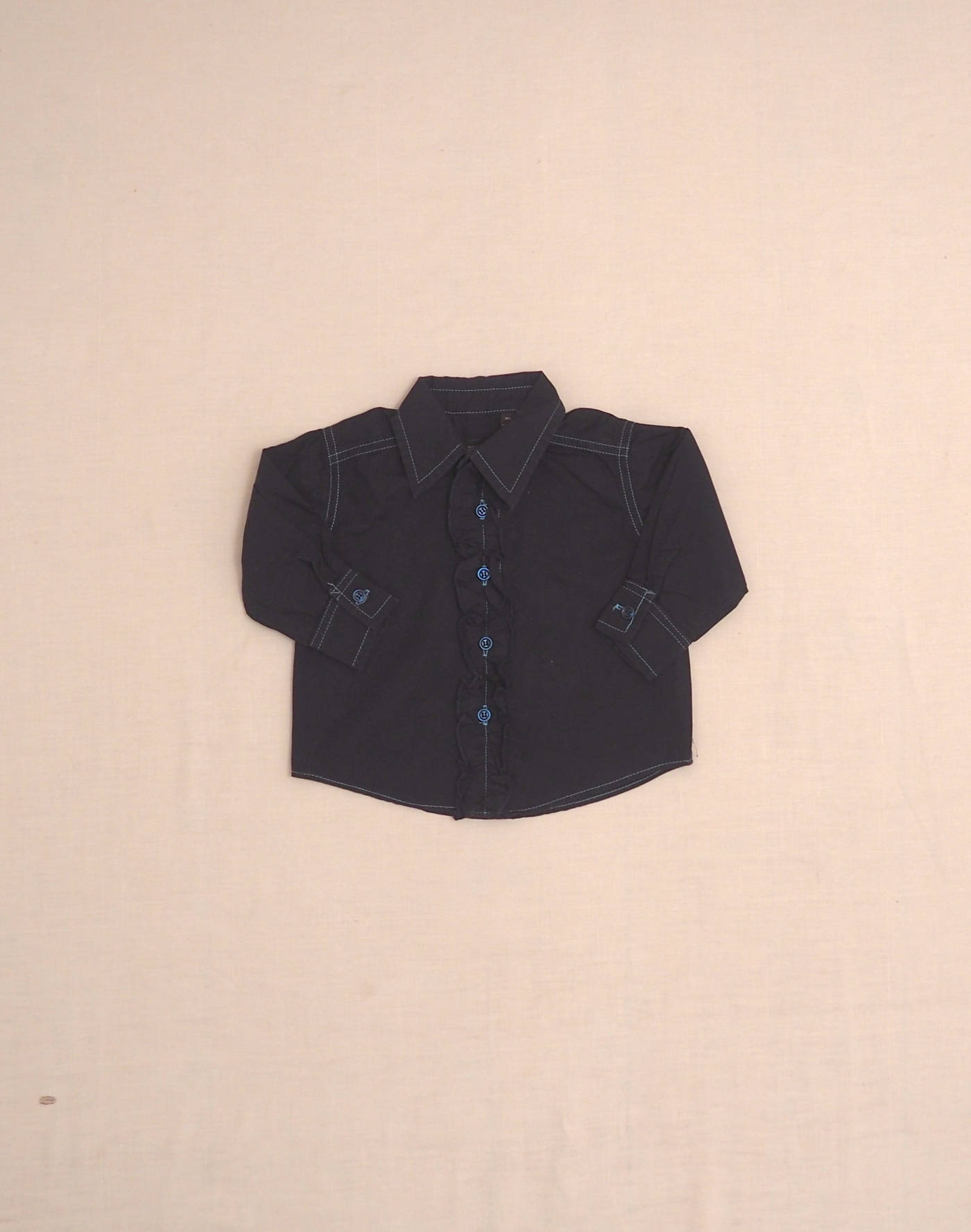 Navy button-down shirt with ruffle