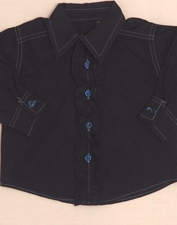 Navy button-down shirt with ruffle