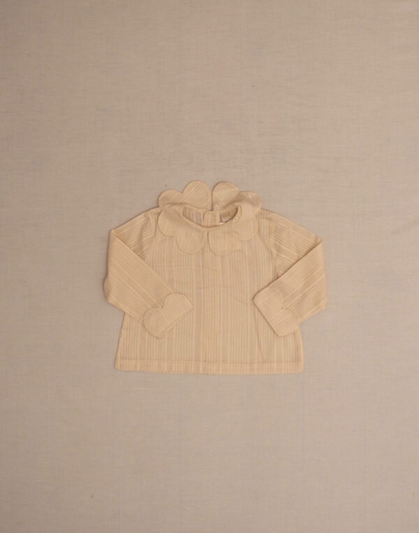 Baghère ecru striped petal-neck blouse