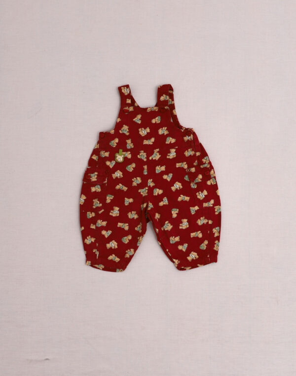 Red overalls with teddy bears